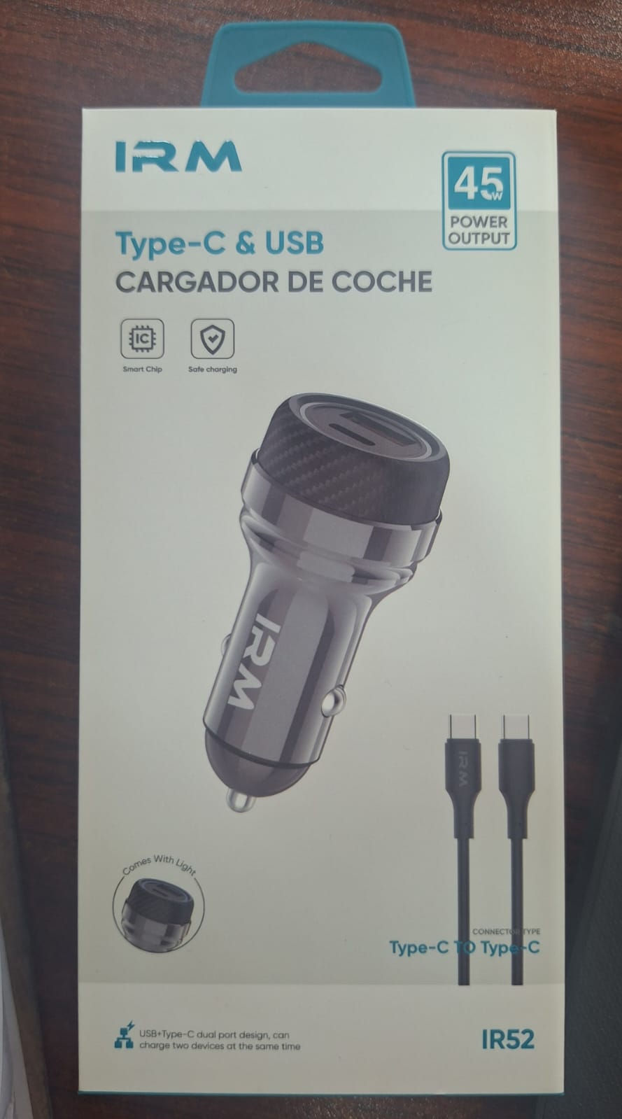 CARGADOR DE AUTO DOBLE 45W CON CABLE TIPO C A C IRM