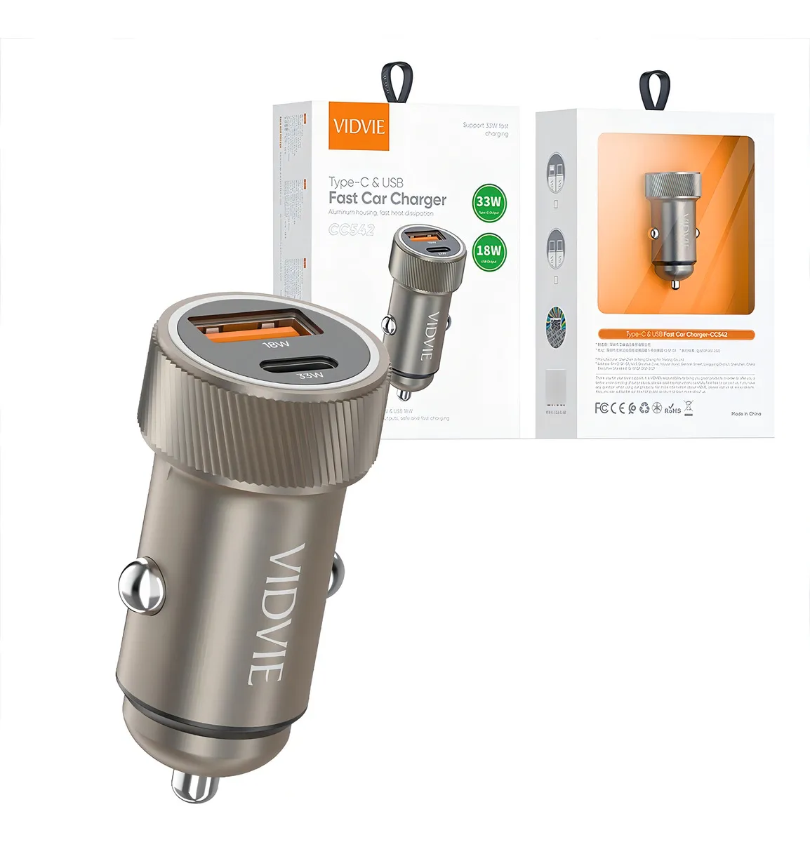 CARGADOR AUTO CARGA RAPIDA DOBLE TIPO-C 33W Y USB-A 18W