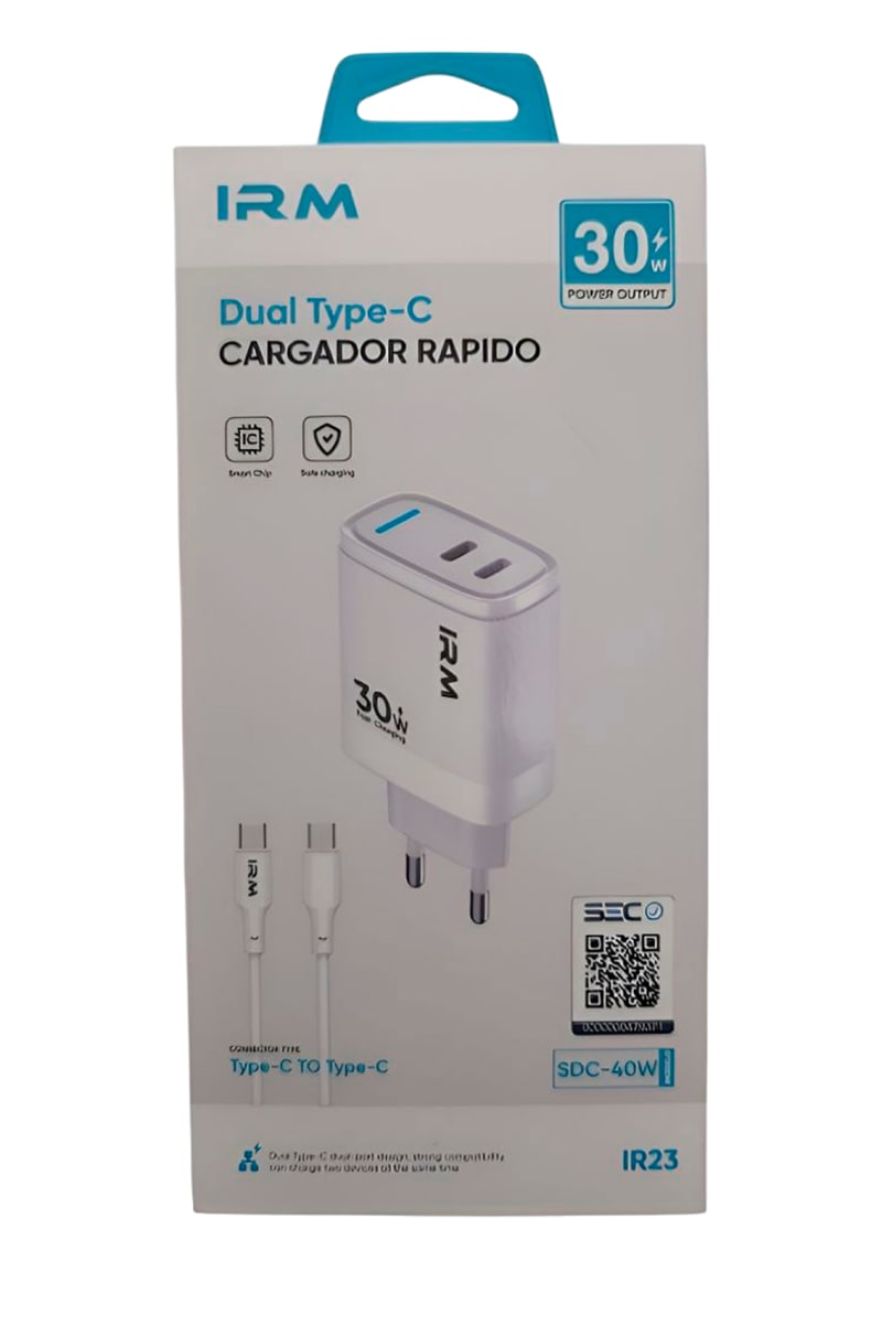 CARGADOR IRM DE CARGA RAPIDA 30 WATTS DOBLE PUERTO TIPO C